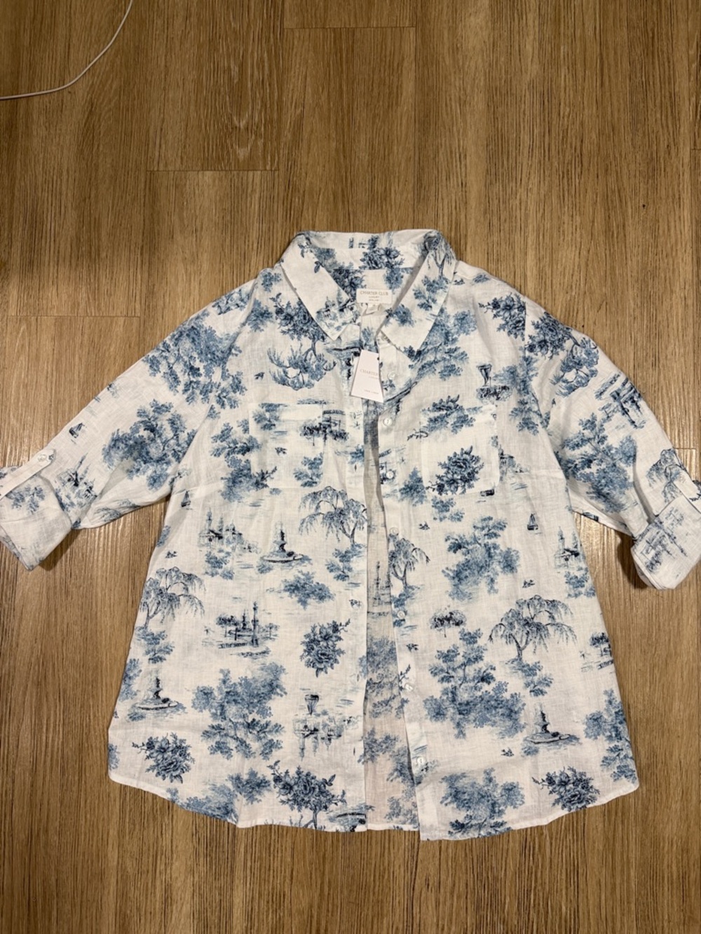 Charter Club linen White Button-Down Shirt with Blue Toile Print 0X